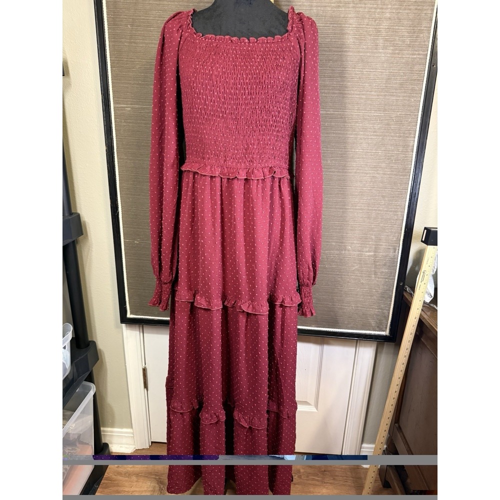 Wine square neck Women's Ruffled Dress maxi Ruched Empire Waist Ck Measrmnt Sz L